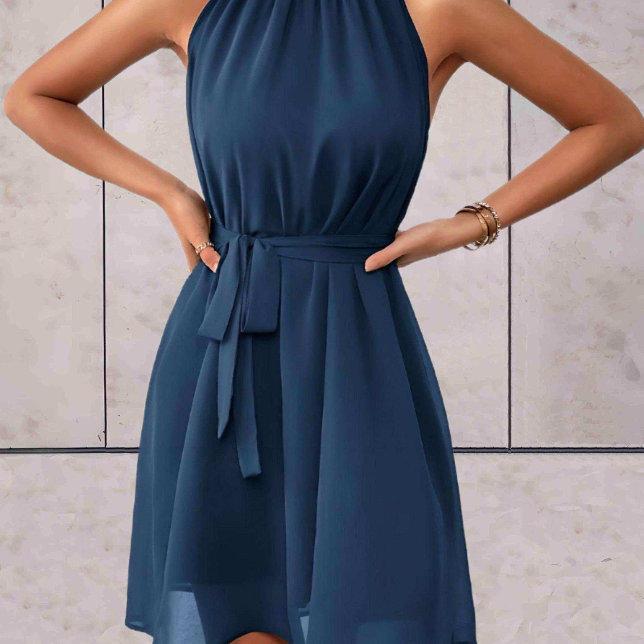Sleeveless Round Neck Dress with Knotted Belt for Women