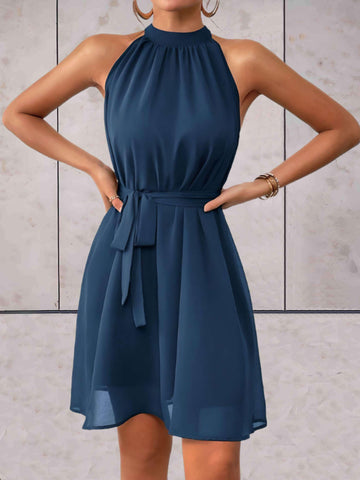 Sleeveless Round Neck Dress with Knotted Belt for Women